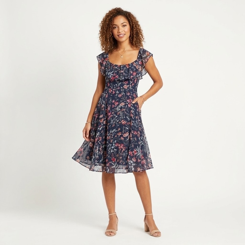 Lulus Navy Blue Floral Ruffle Cap Sleeve Fit & Flare Mini Dress Medium